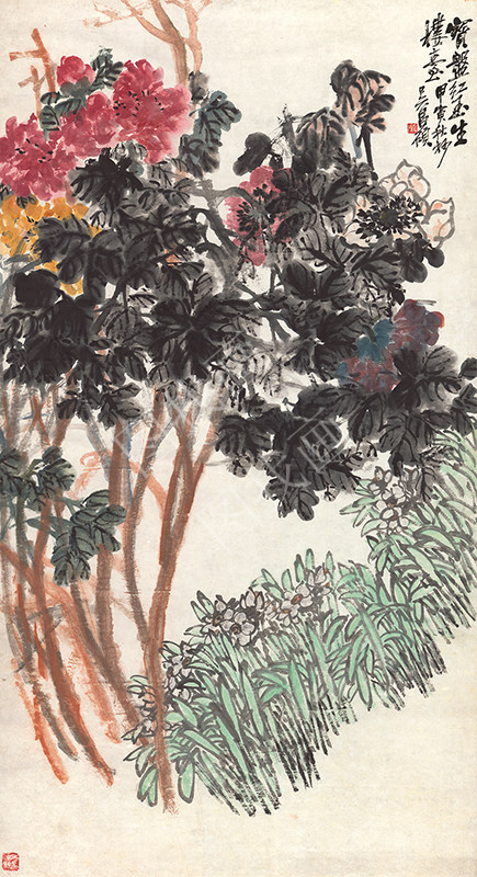 近现代 吴昌硕 牡丹水仙轴 84x155cm